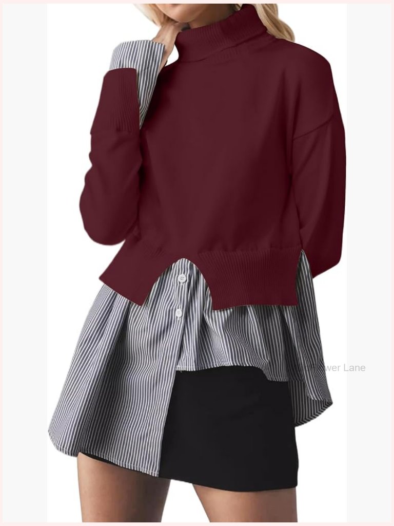 Turtleneck Slit Patchwork Knit Pullover Sweater 2 In 1 Asymmetrical Hem Striped